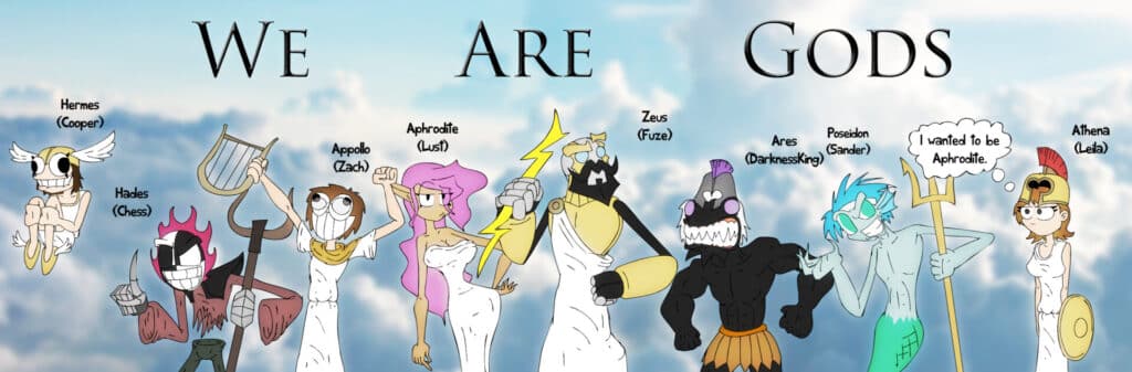 Cartoon gods Zeus, Aphrodite, and Hades in a humorous ancient Greek scene.