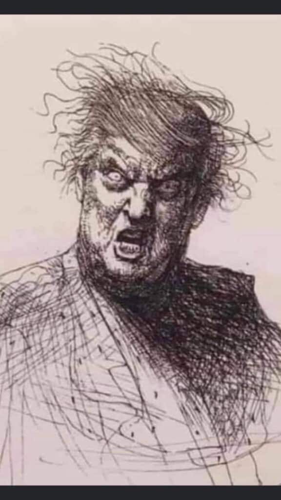 A dark, intense sketch of an angry man with wild hair.