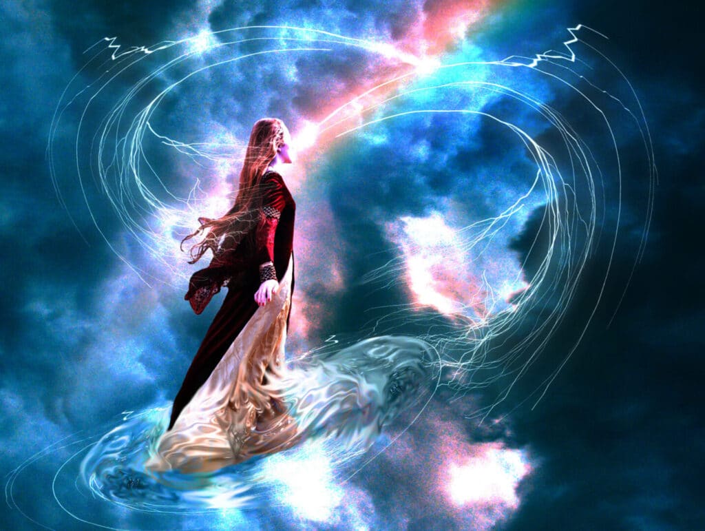 A woman floats surrounded by cosmic lights and swirling energy.