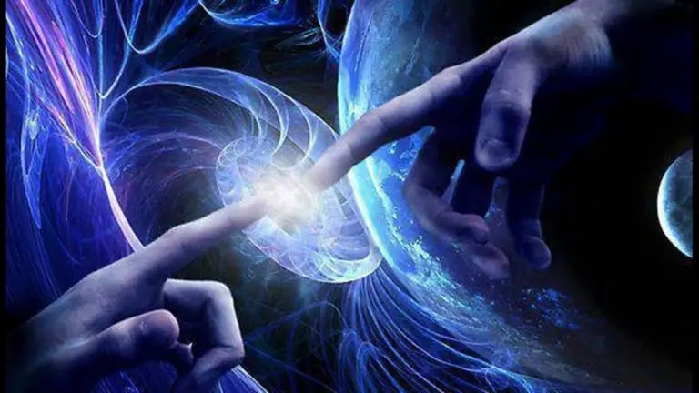Two hands reaching toward each other with a glowing blue energy swirl between them.