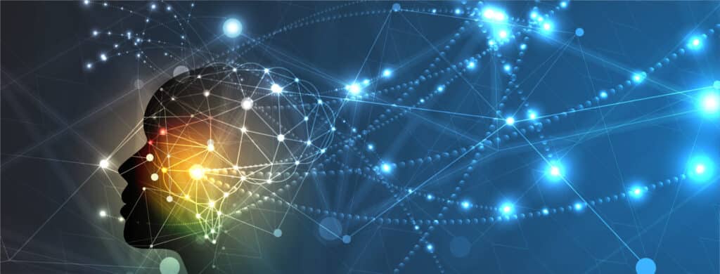 A digital network of interconnected nodes glowing in blue and yellow hues.