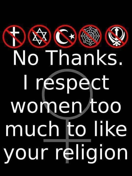 A message rejecting religious symbols with a statement about respecting women.
