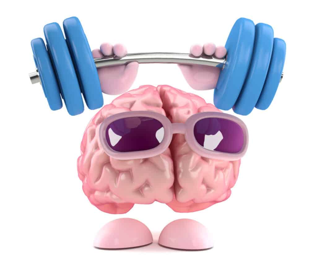 A cartoon brain lifting a blue barbell.