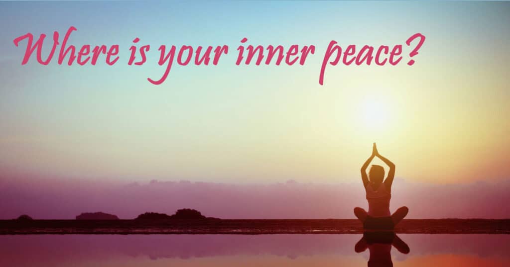 A person meditating at sunset with the text 'is your inner peace'.
