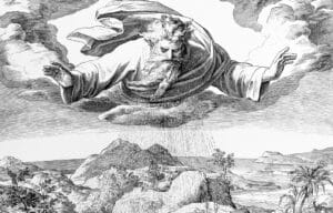 A biblical scene of God creating animals on land.