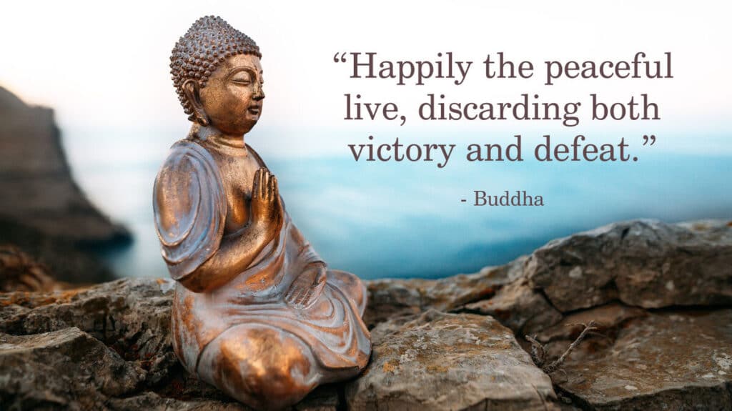 A buddha sitting down in the background with a quote