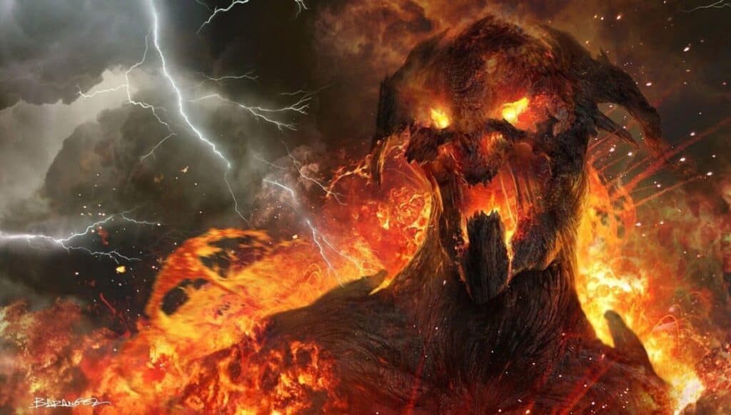 A fiery demon roaring amid lightning and flames.