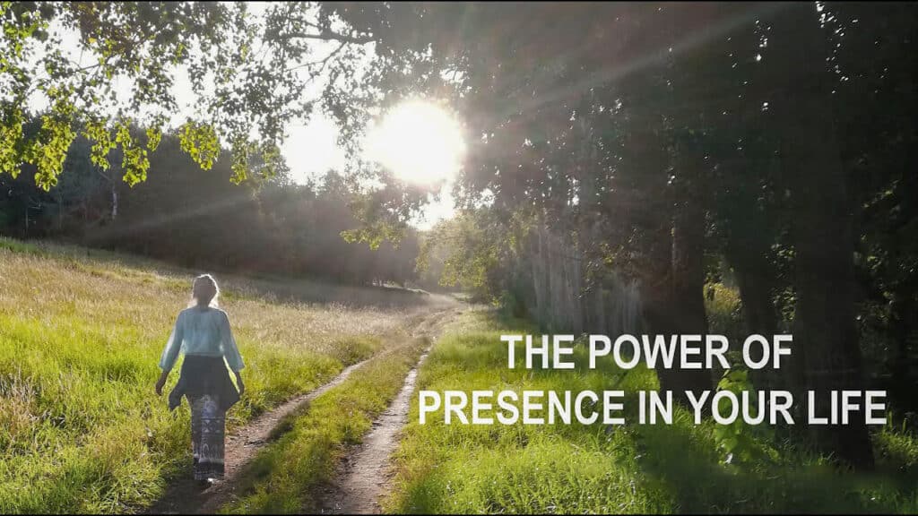 Cultivate a sense of presence text on a background with a person walking on a trail.