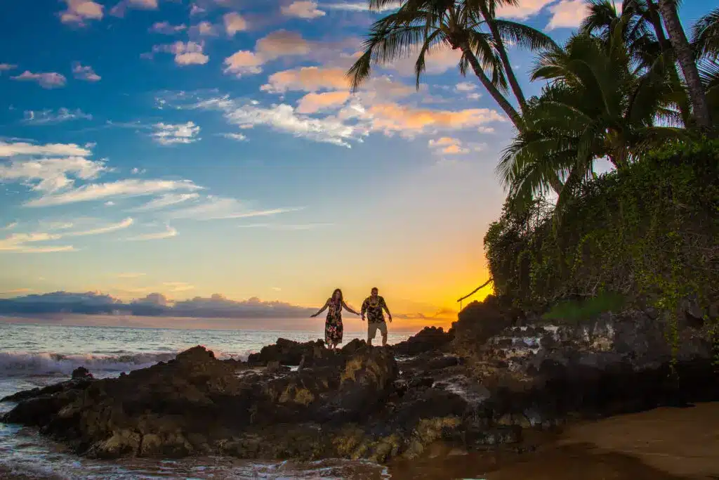 Sunset beach photoshoot after a wedding in Maui