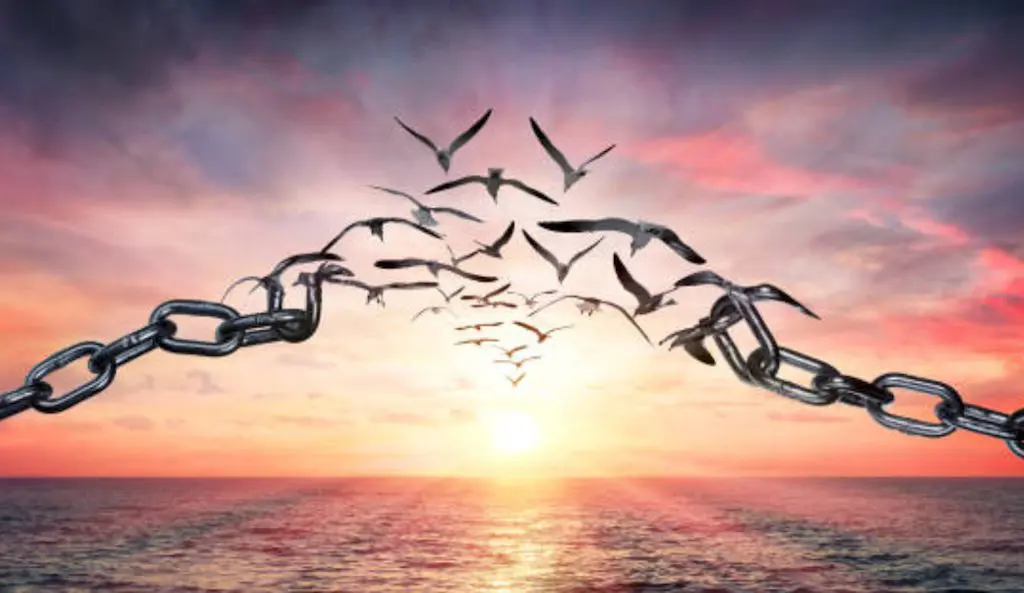 Voices of Freedom. Bird flying together to form an illusion of breaking free from chains