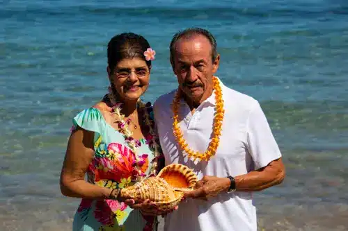 Conch ritual being preformed in Manu for a beach wedding